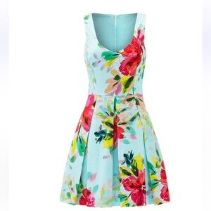 Trina Turk Cotton Turquoise Floral V-Neck A-Line Dress Small